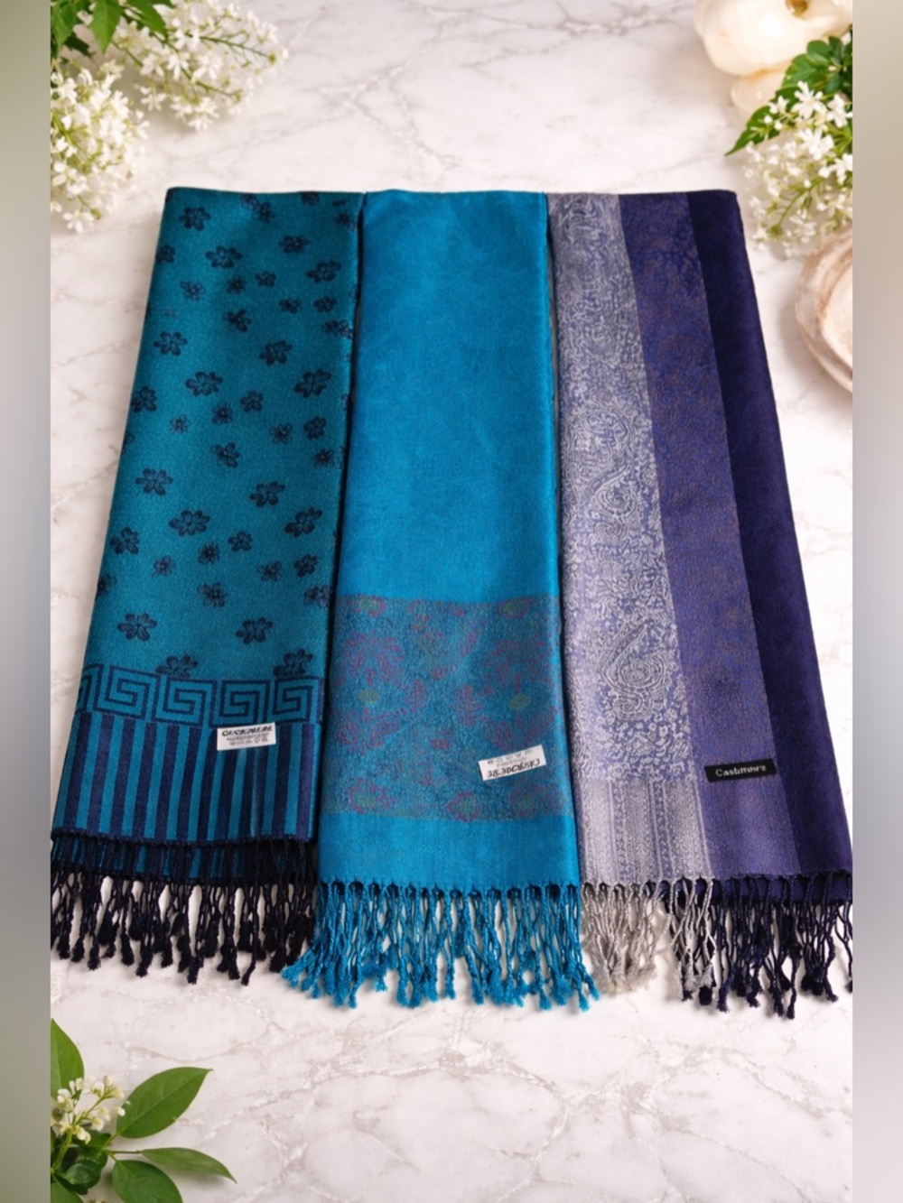 Lot of 3 100% Cashmere Wraps Blue Teal Paisley Fringe 66x27 inches